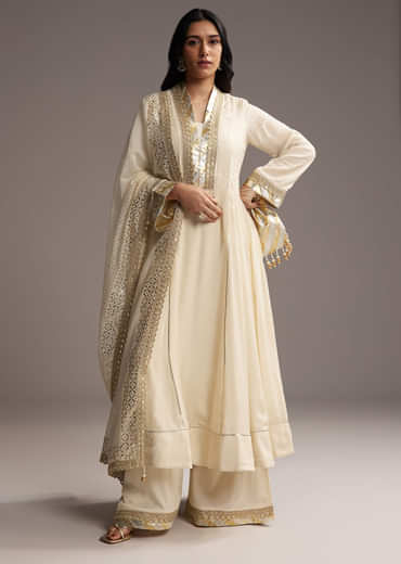 Ivory White Cotton Silk Anarkali Suit With Gotta Work