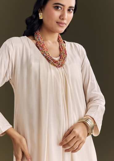 Ivory White Resham Embroidered Kurta Pant With Beaded Neckpiece