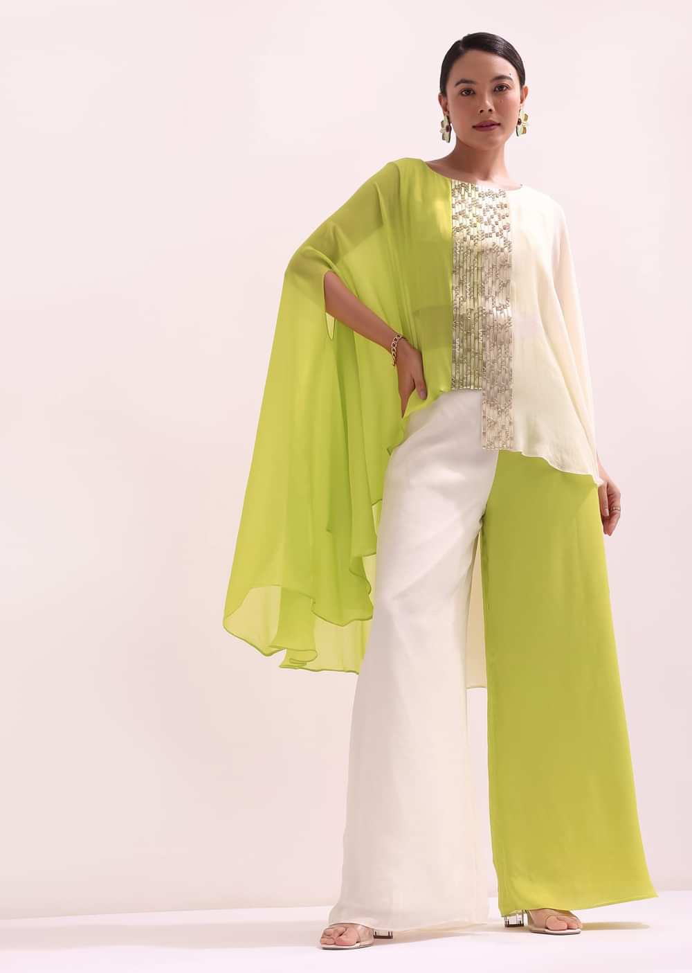 Ivory And Light Green Croptop And Palazzo Set