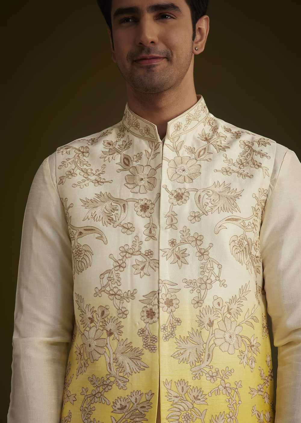 Ivory And Yellow Ombre Silk Jacket Set With Zari Work
