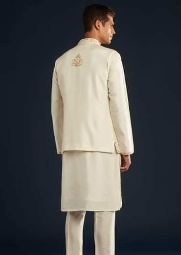 Ivory Banarasi Silk Jacket Kurta Set With Zardozi Work