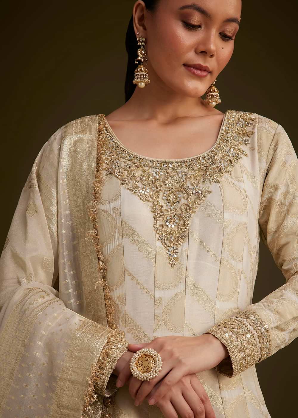 Ivory Banarasi Tissue Anarkali With Gotta Work