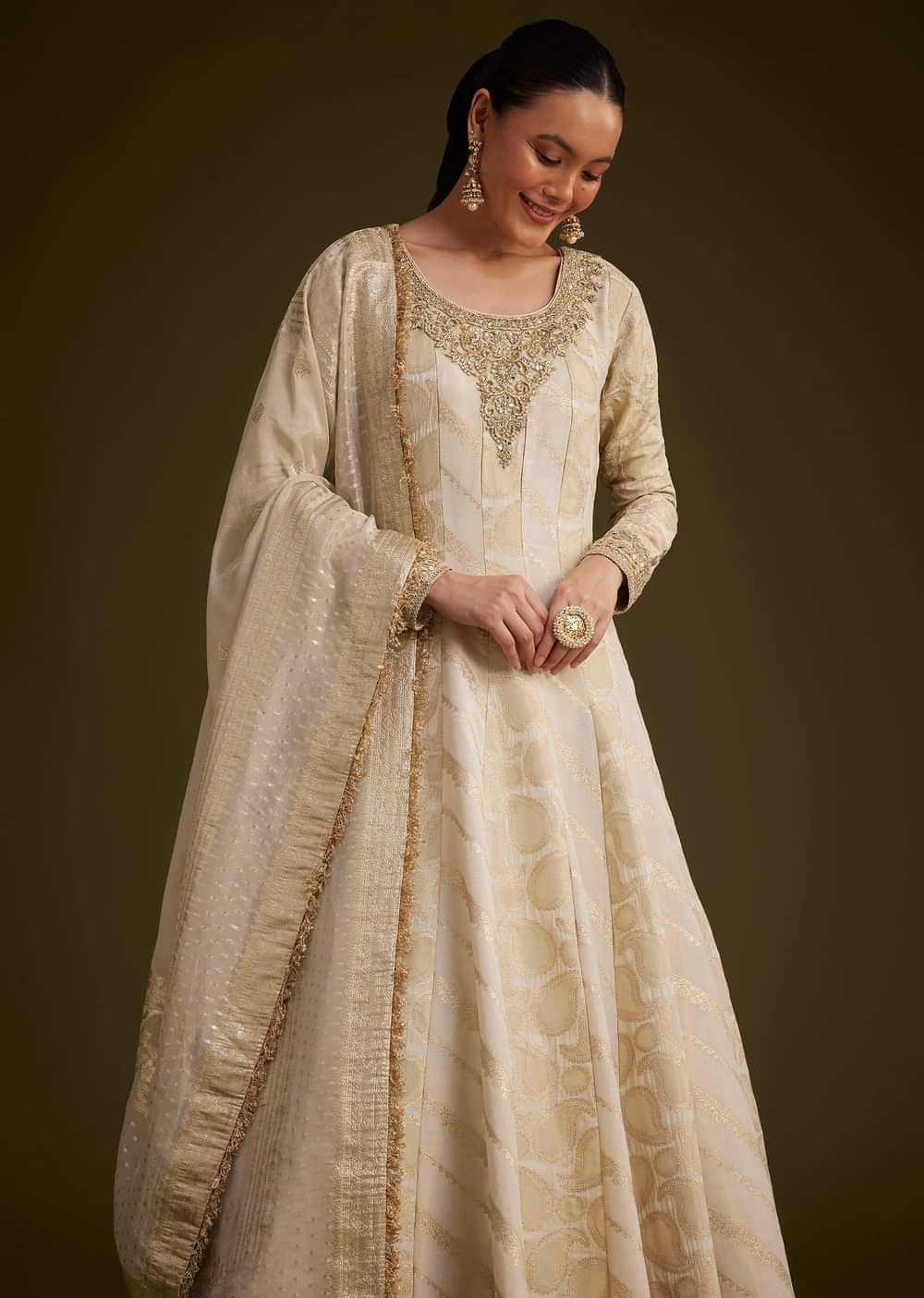 Ivory Banarasi Tissue Anarkali With Gotta Work