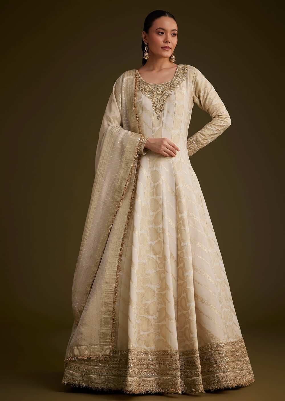 Ivory Banarasi Tissue Anarkali With Gotta Work