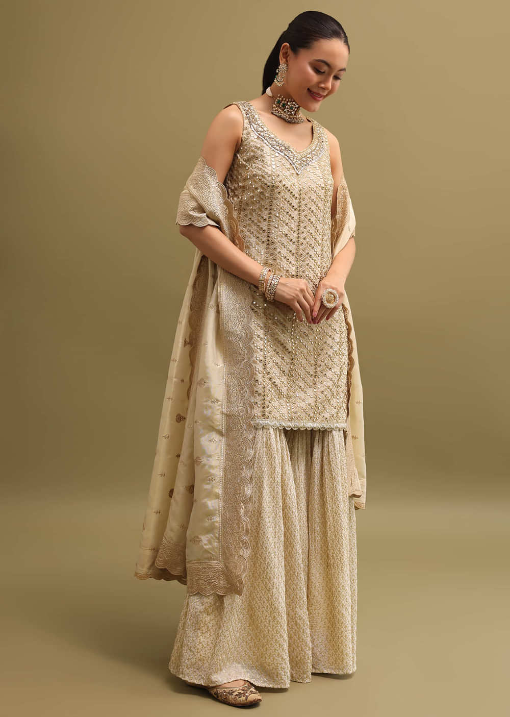 Ivory Embroidered Georgette Kurta Sharara Set