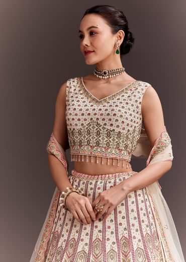 Ivory Embroidered Lehenga Set With Ethnic Motifs