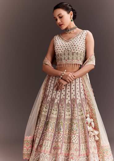 Ivory Embroidered Lehenga Set With Ethnic Motifs