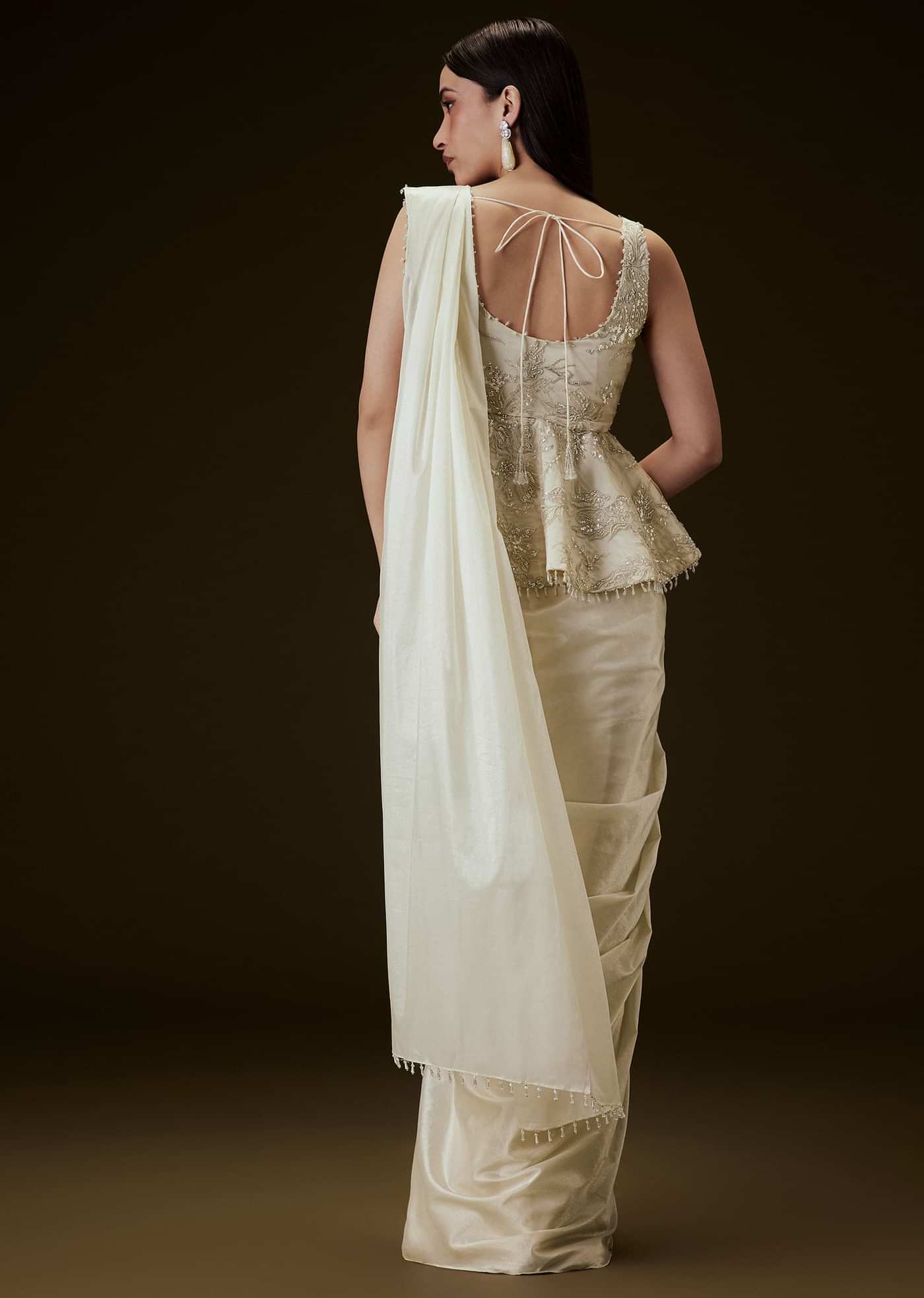 Ivory Embroidered Peplum Top With Saree