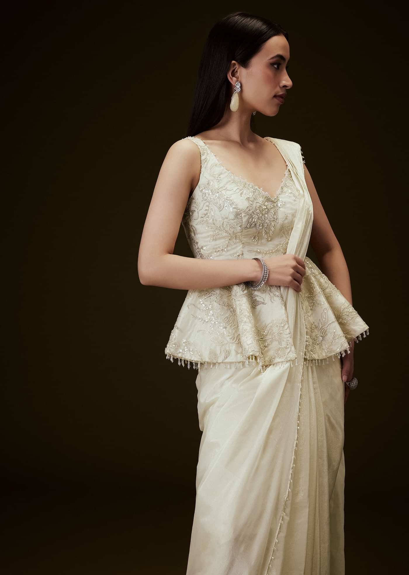 Ivory Embroidered Peplum Top With Saree