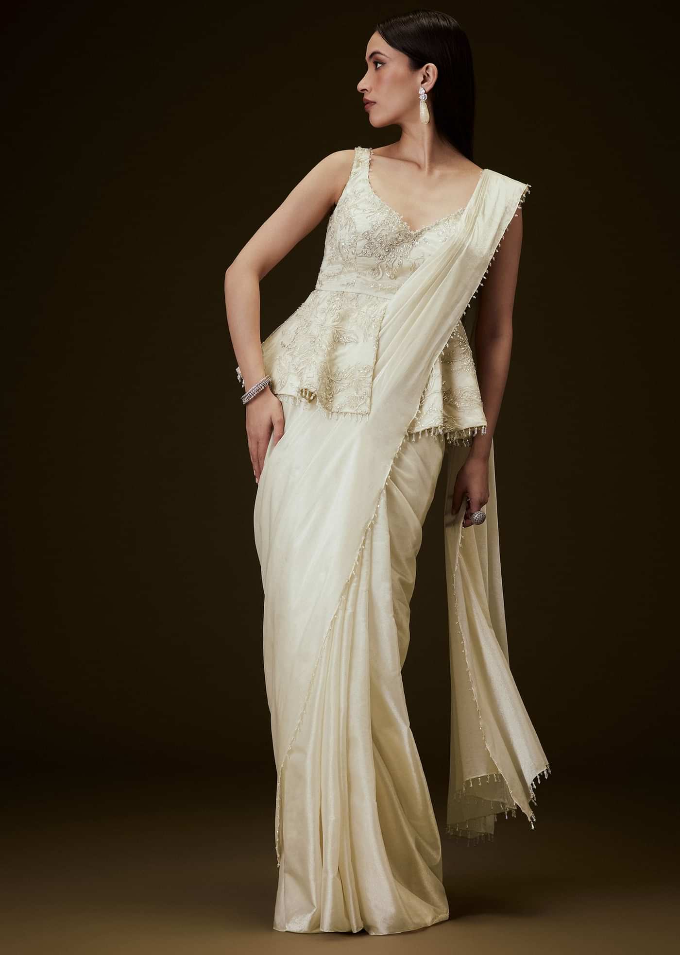 Ivory Embroidered Peplum Top With Saree