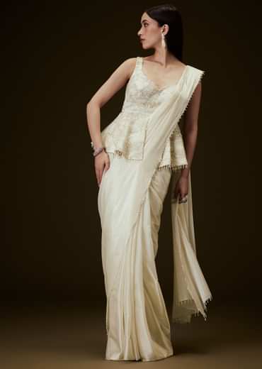 Ivory Embroidered Peplum Top With Saree