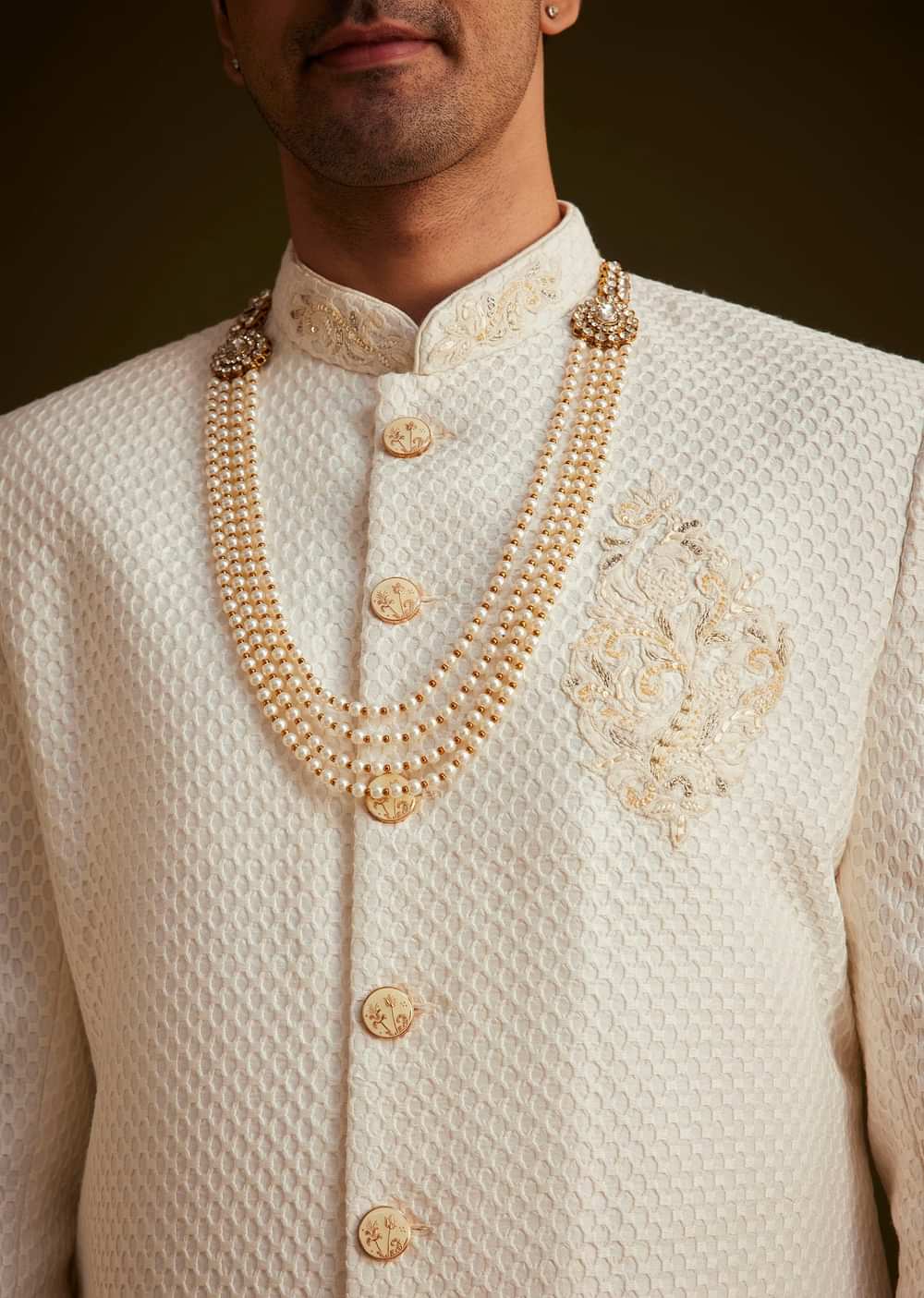 Ivory Embroidered Sherwani Set With Pearl Detailing