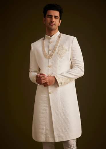 Ivory Embroidered Sherwani Set With Pearl Detailing