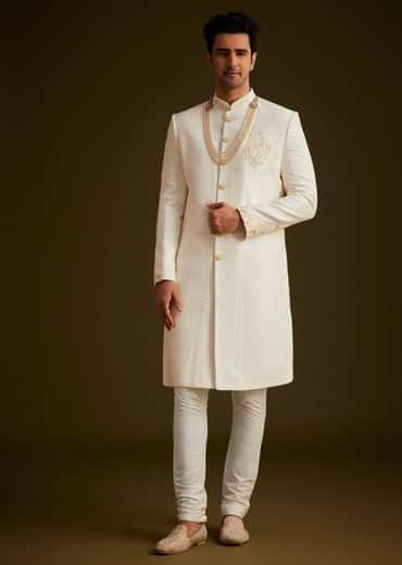Ivory Embroidered Sherwani Set With Pearl Detailing