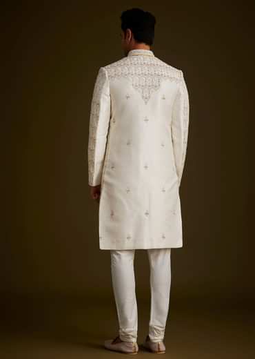 Ivory Embroidered Sherwani With Classic Pearl Detailing