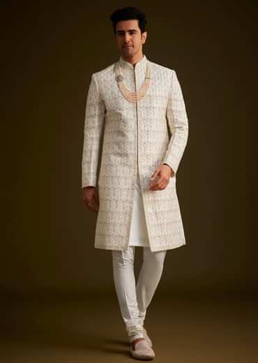 Ivory Embroidered Sherwani With Classic Pearl Detailing