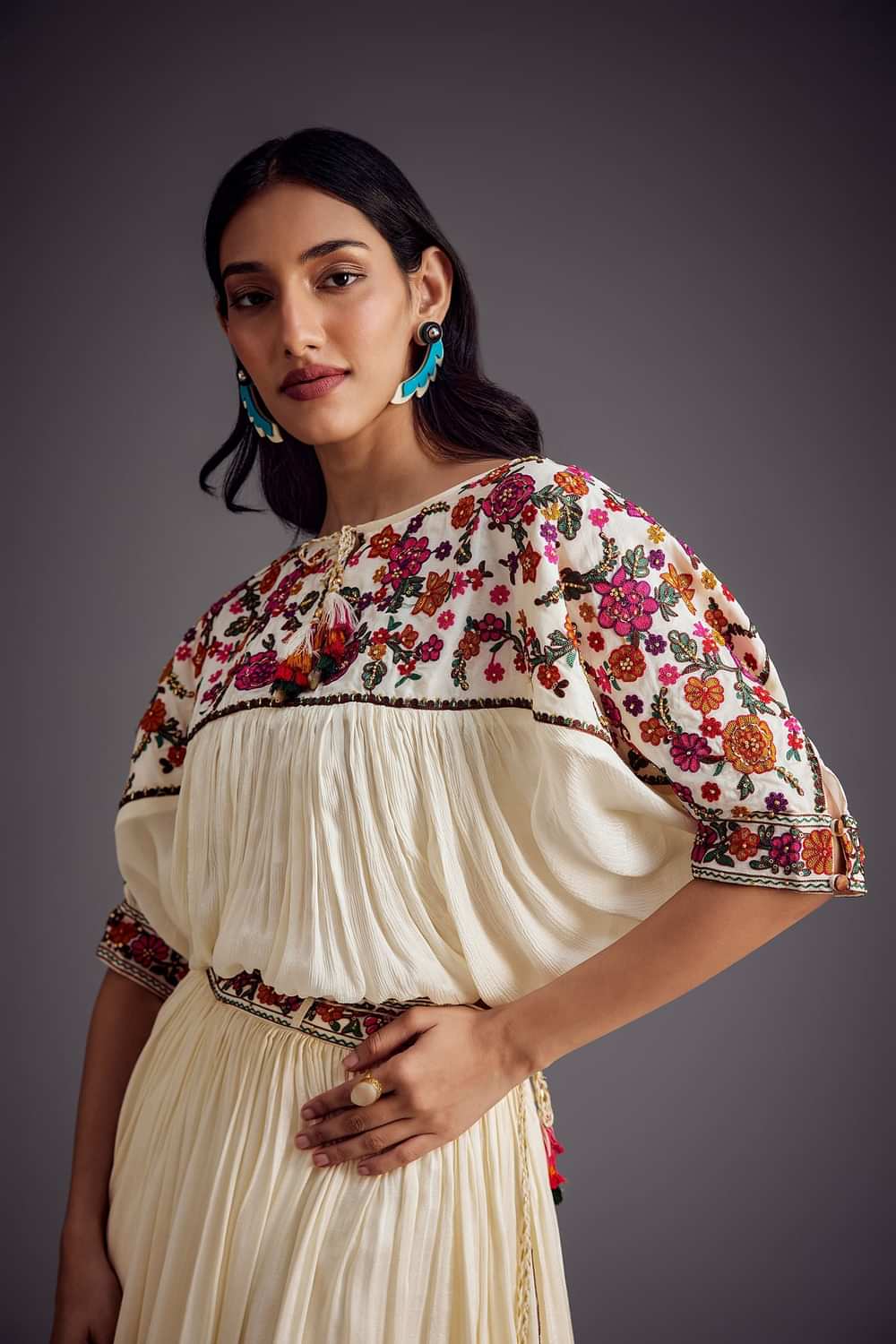 Ivory Embroidered Skirt With Resham work Detailed Crop Top