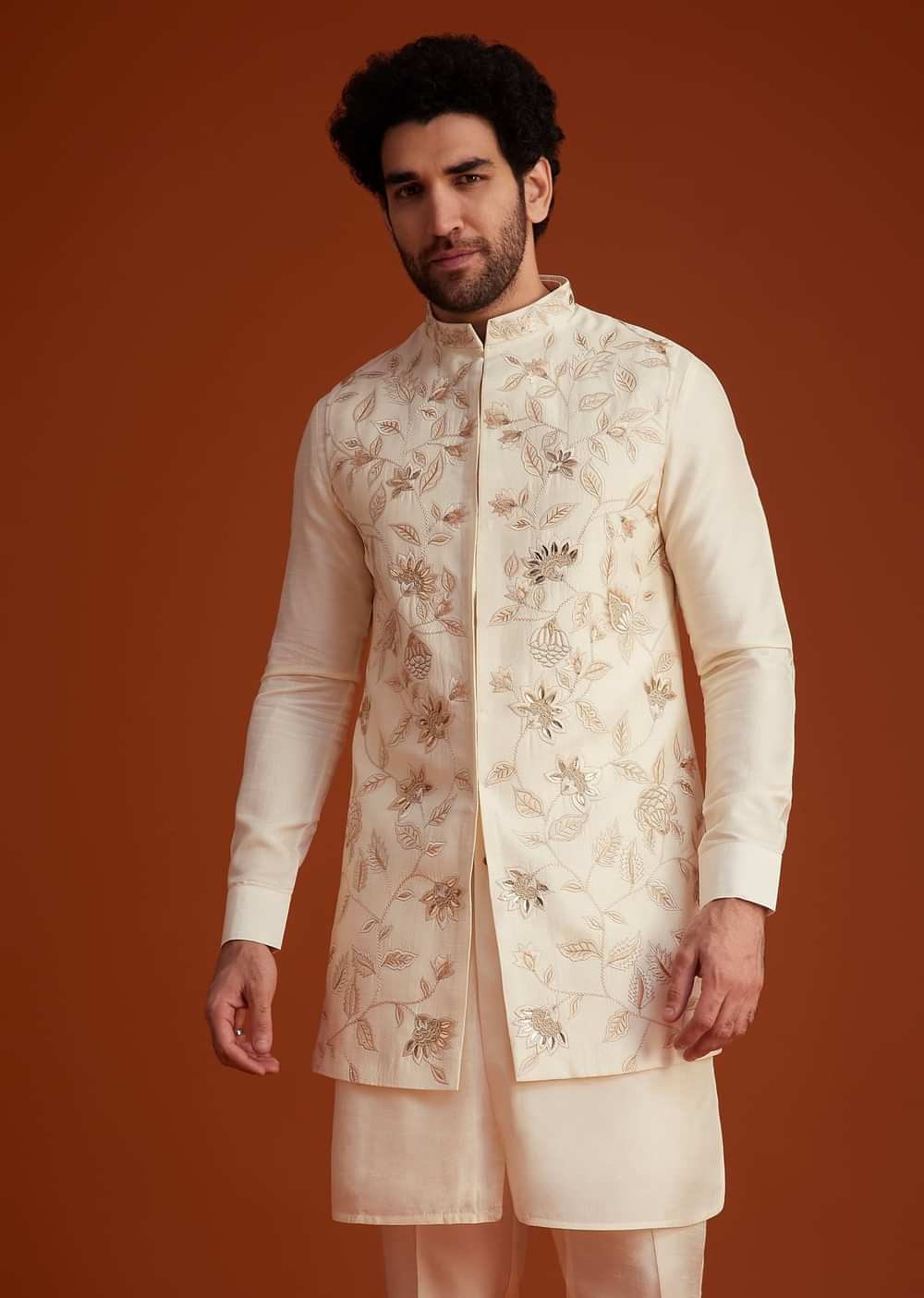 Ivory Floral Embroidered Jacket Kurta Set