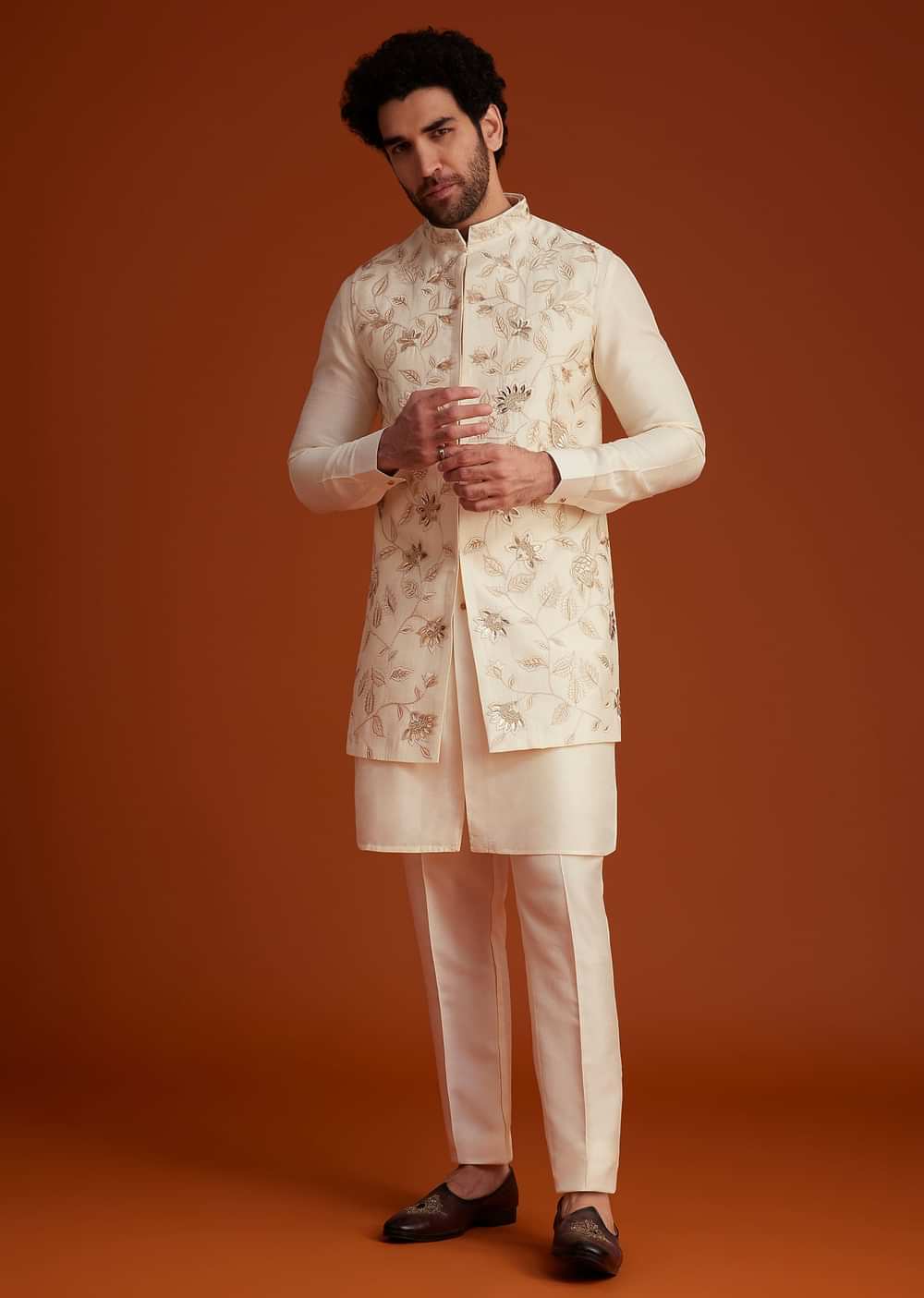 Ivory Floral Embroidered Jacket Kurta Set