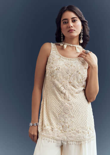 Ivory Georgette Palazzo Suit With Heavy Hand Embroidery