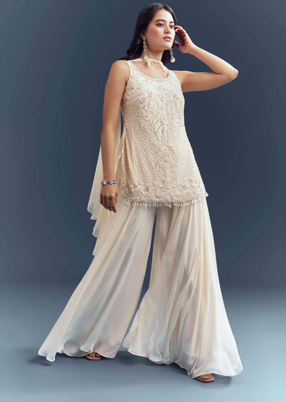 Ivory Georgette Palazzo Suit With Heavy Hand Embroidery