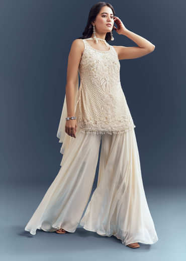 Ivory Georgette Palazzo Suit With Heavy Hand Embroidery