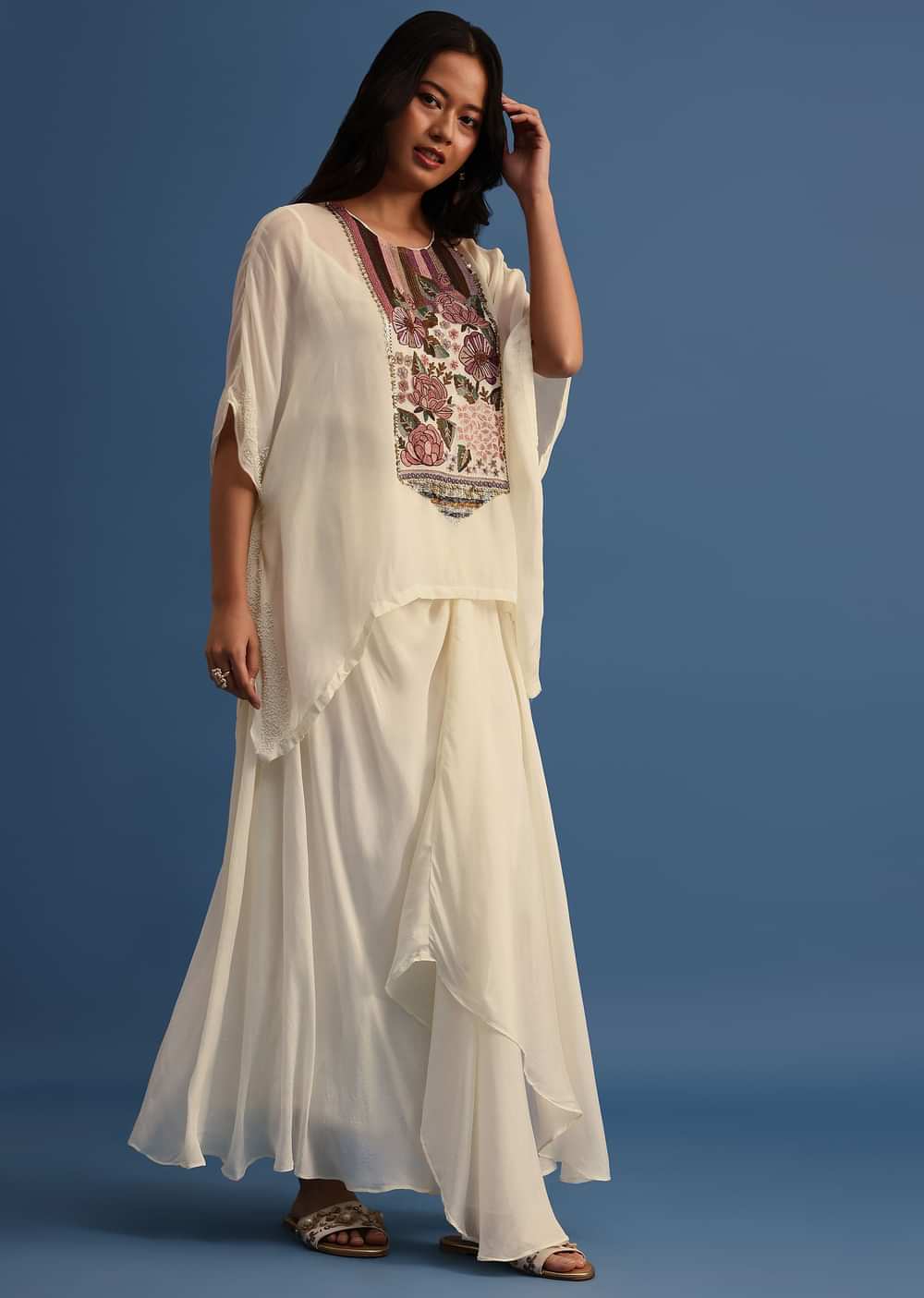 Ivory Georgette Skirt And Cape In Resham Work