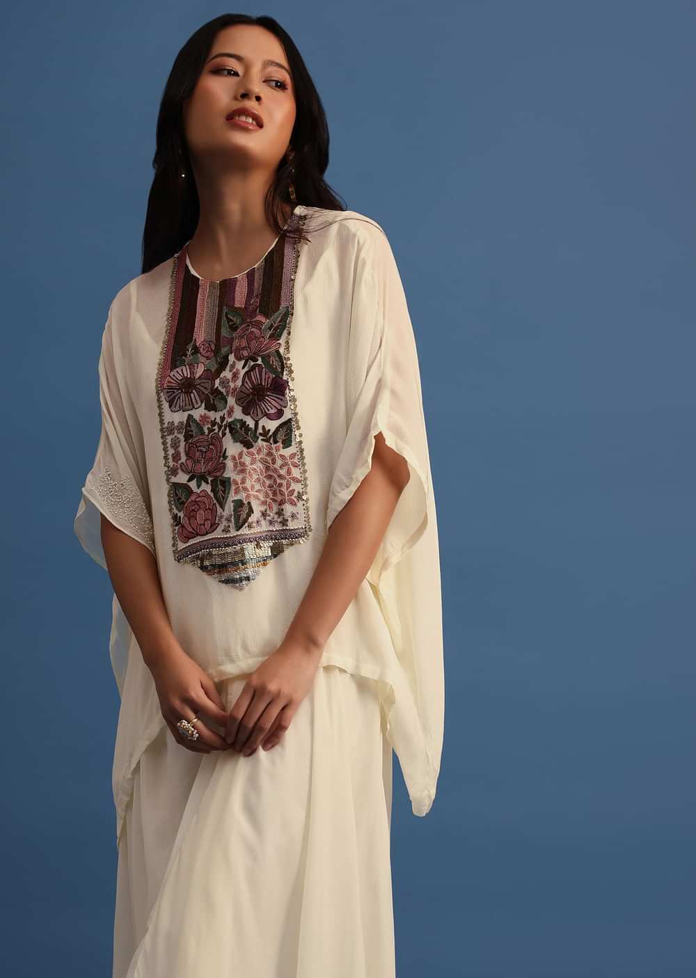 Ivory Georgette Skirt And Cape In Resham Work