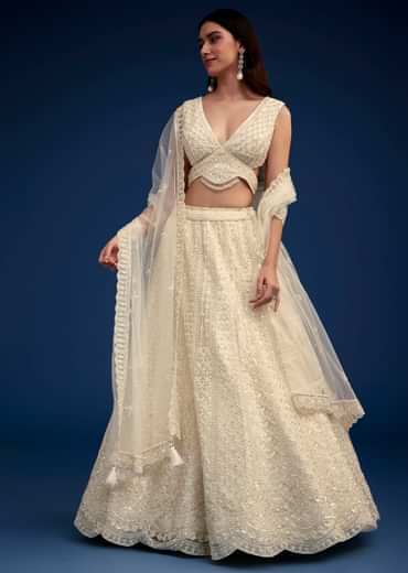 Ivory Lehenga Set With Moti And Resham Work
