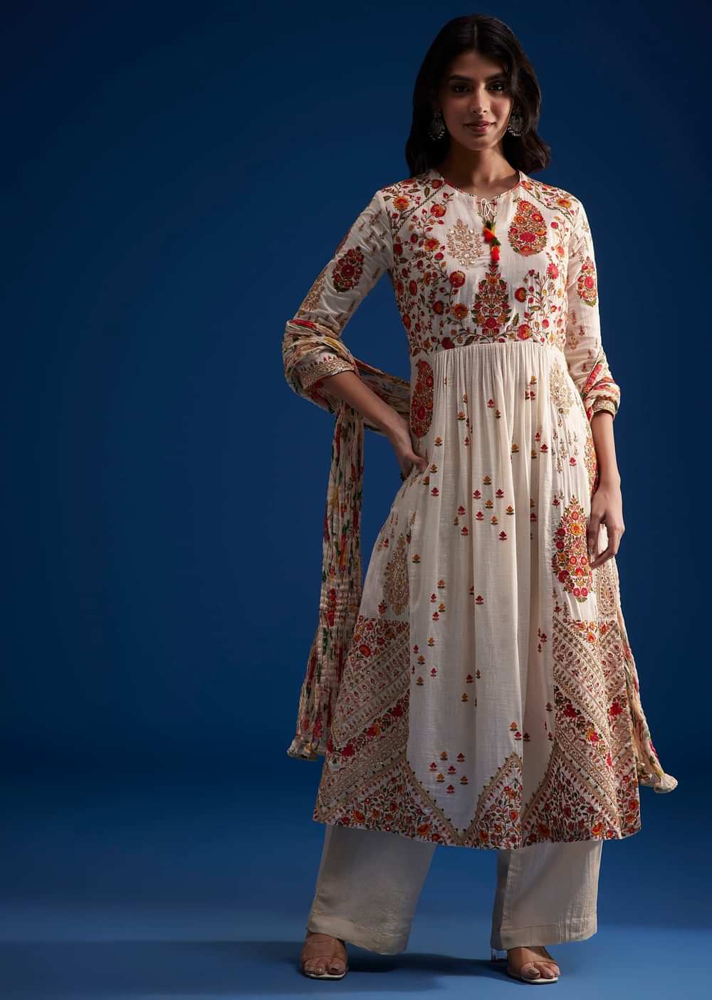 Ivory Linen Kurta Set With Floral Resham Work