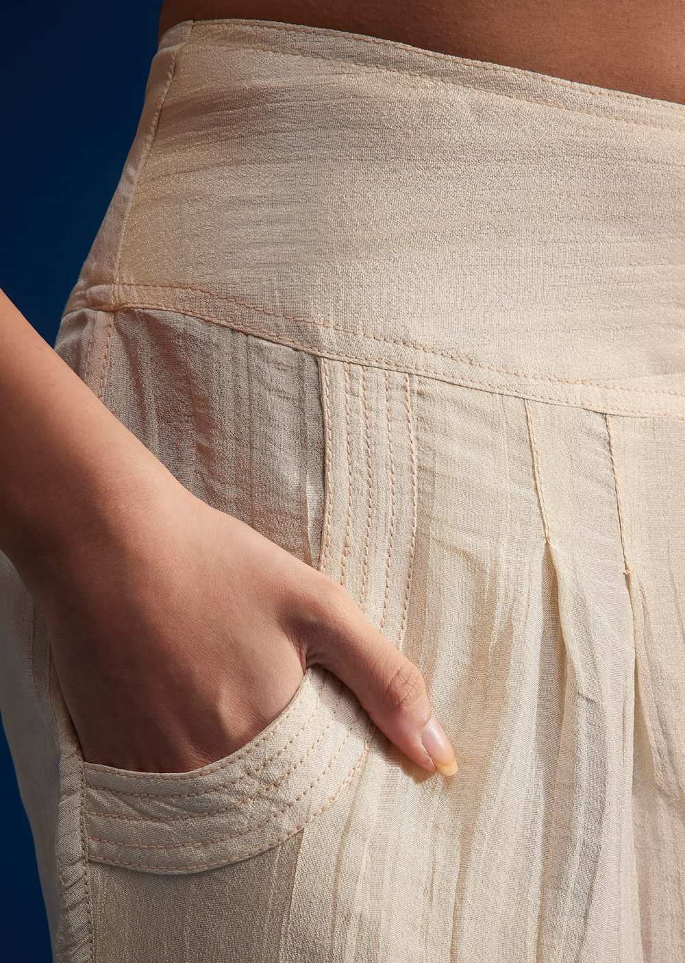 Ivory Linen Kurta Set With Floral Resham Work