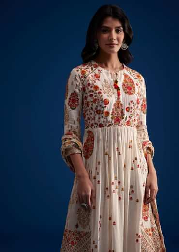 Ivory Linen Kurta Set With Floral Resham Work
