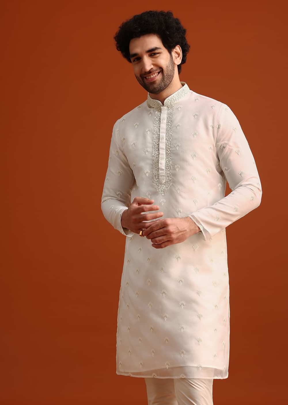 Ivory Organza Zari Embroidered Kurta Set With Butti Work