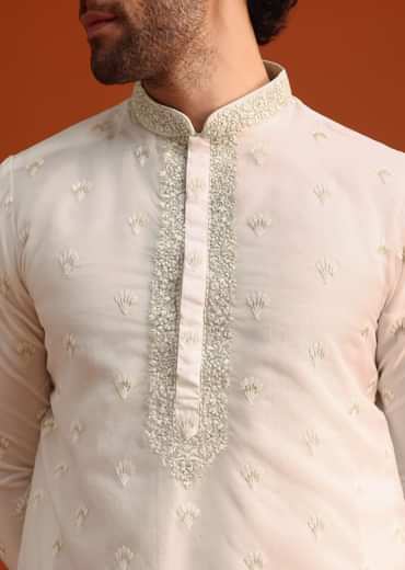 Ivory Organza Zari Embroidered Kurta Set With Butti Work