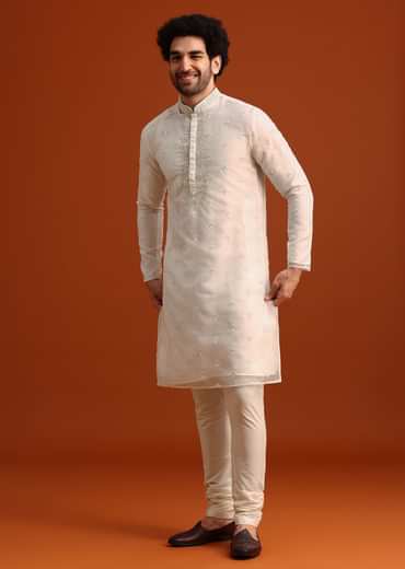 Ivory Organza Zari Embroidered Kurta Set With Butti Work