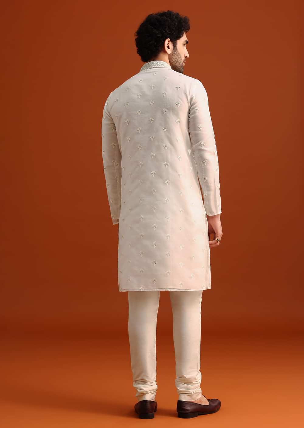 Ivory Organza Zari Embroidered Kurta Set With Butti Work