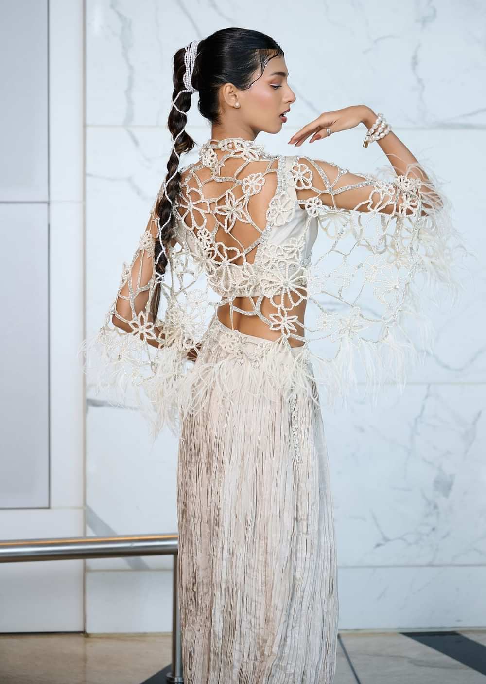 Ivory Patchwork Blouse With Cutwork Jacket And Ruched Palazzo