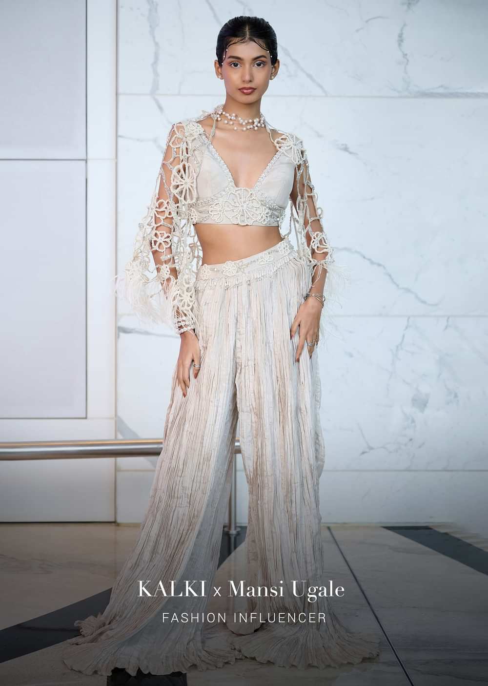 Ivory Patchwork Blouse With Cutwork Jacket And Ruched Palazzo