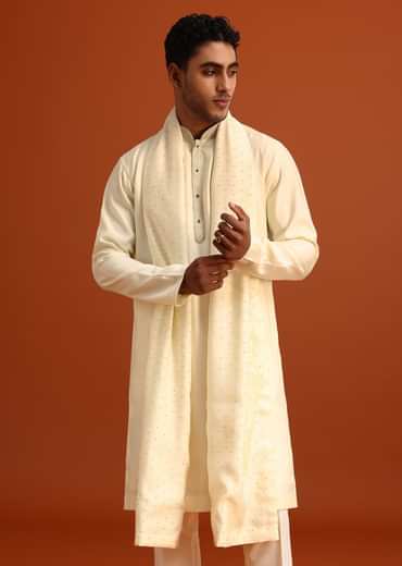 Ivory Plain Kurta Set With Hand Work Dupatta
