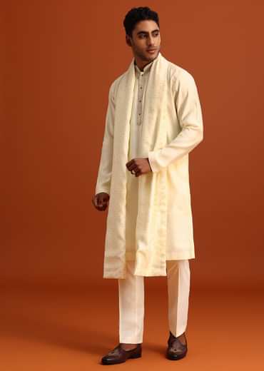 Ivory Plain Kurta Set With Hand Work Dupatta