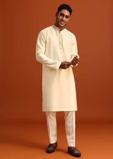 Ivory Plain Kurta Set With Hand Work Dupatta