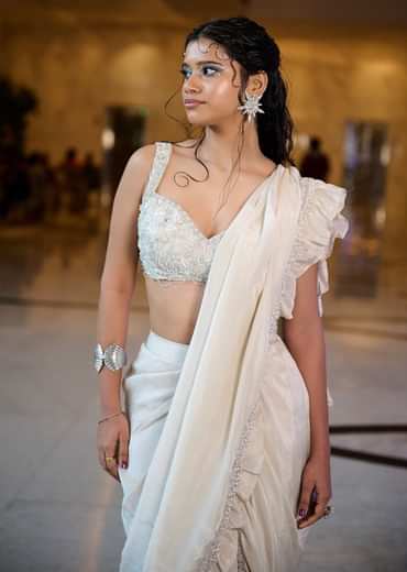 Ivory Pre-Stitched Frill Tissue Saree With Blouse