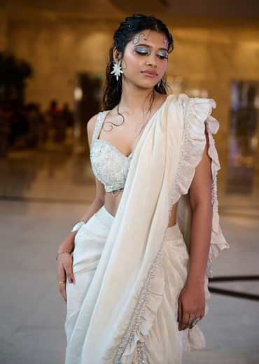 Ivory Pre-Stitched Frill Tissue Saree With Blouse