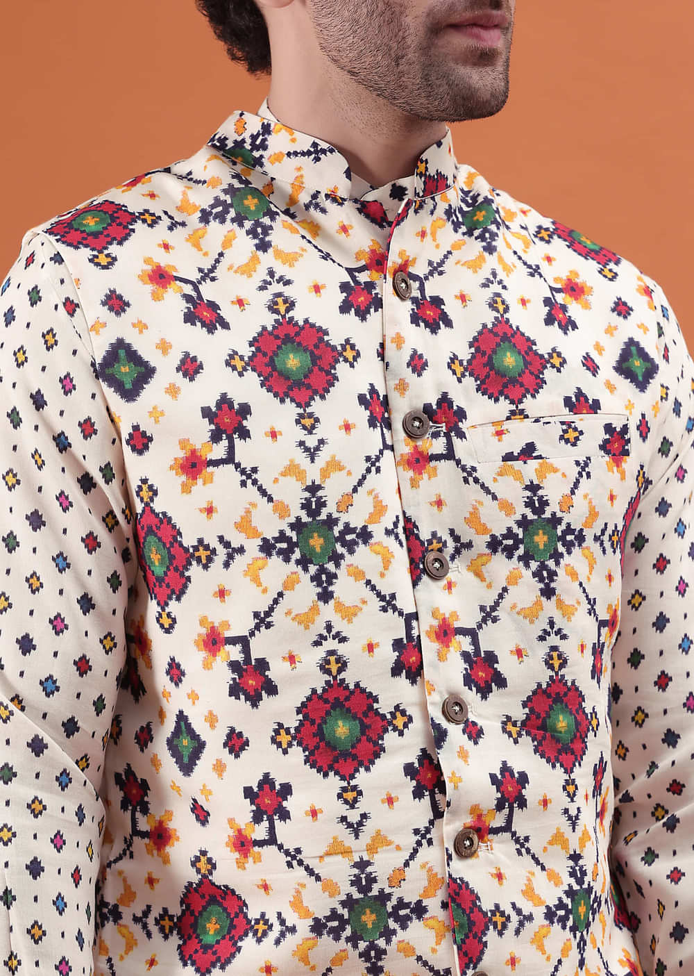 Ivory Patola Printed Kurta Jacket Set For Men