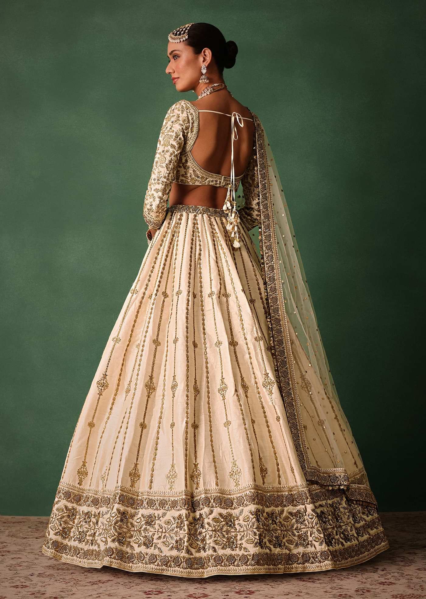 Ivory Raw Silk Hand Embroidered Lehenga Set With Net Dupatta