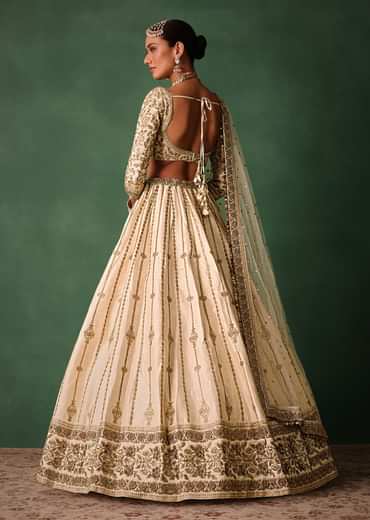 Ivory Raw Silk Hand Embroidered Lehenga Set With Net Dupatta