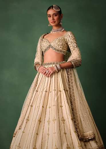 Ivory Raw Silk Hand Embroidered Lehenga Set With Net Dupatta