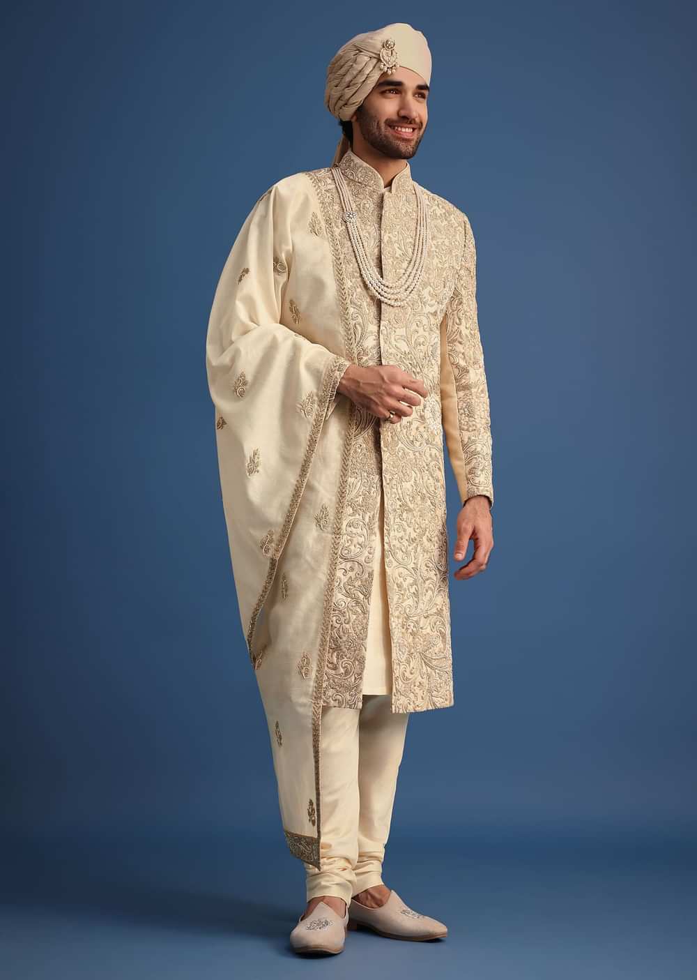 Ivory Sherwani Suit With Beads And Zari Work