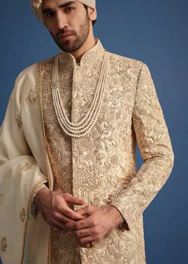Ivory Sherwani Suit With Beads And Zari Work