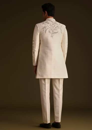 Ivory Silk Indo Western Set With Zardosi Work